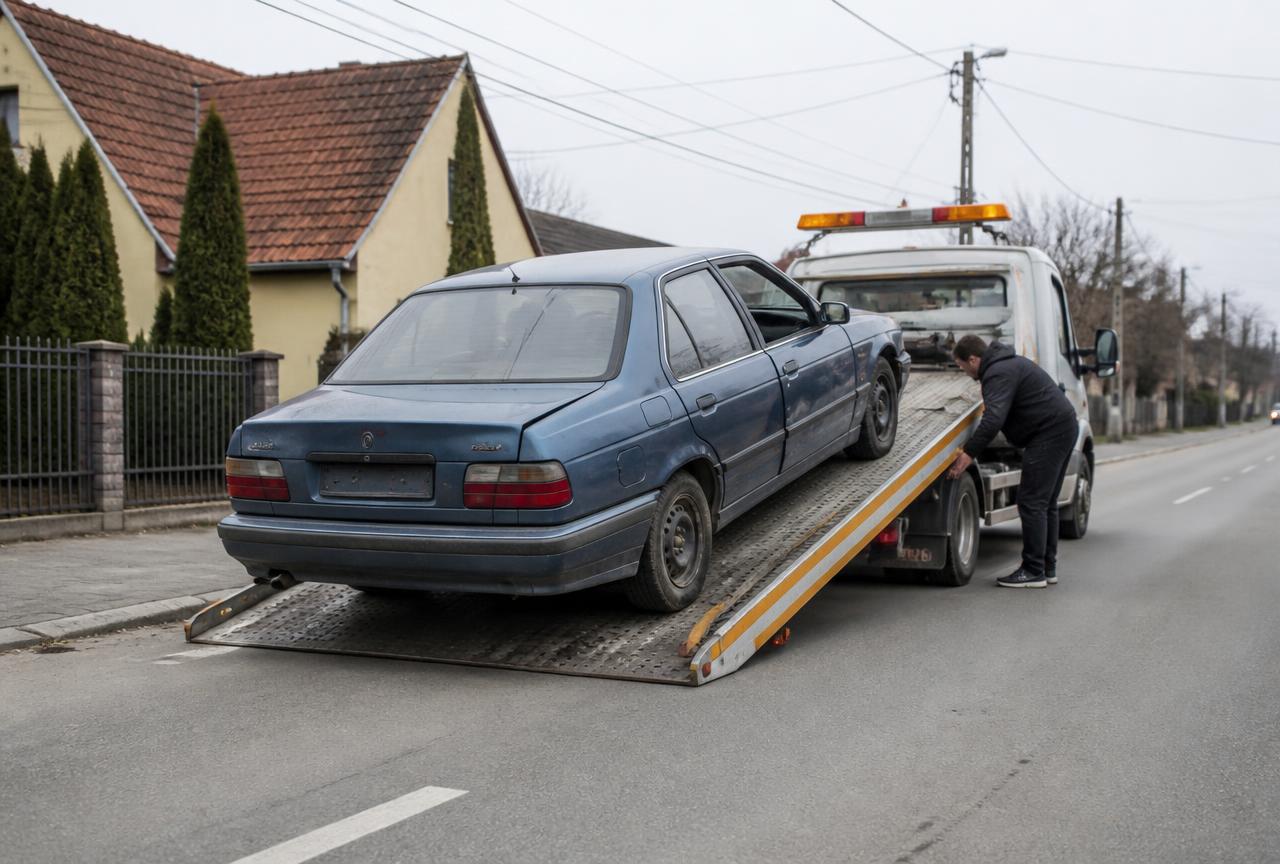 Platformă auto care ridică o mașină nefuncțională în România